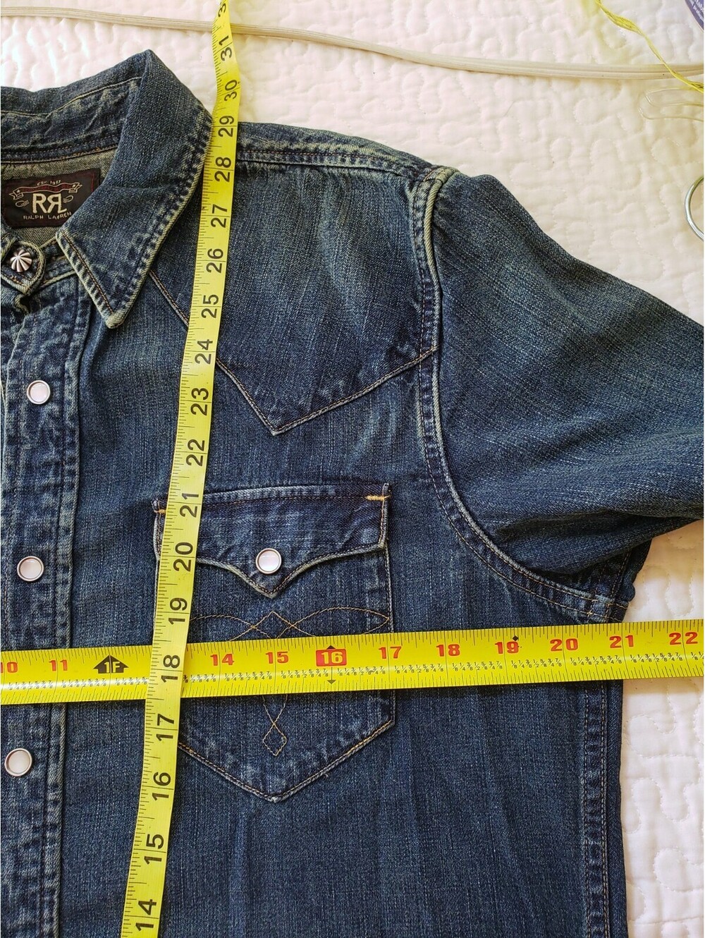 RRL Ralph Lauren Western Denim Snap Bottom Shirt Distressed Indigo men Size M - Picture 6 of 7